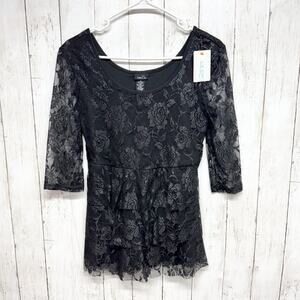 Y2K Rue21 Shirt Women Size Medium Black Lace Round Neck 3/4 Sleeve Blouse Preppy
